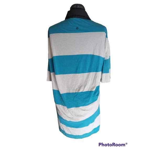 Lululemon Athletica men's blue and white striped, short sleeve polo shirt, XL - Picture 3 of 5
